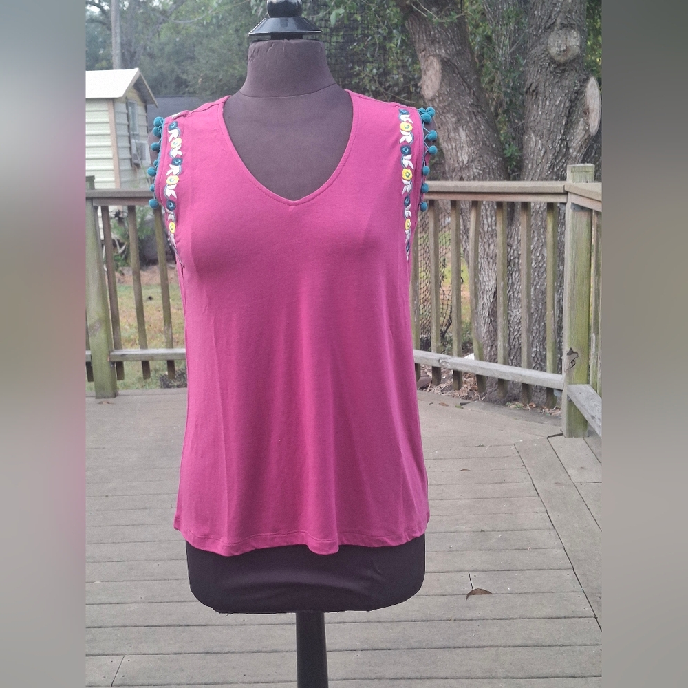 Cruel Girl Womens Western Embroidered Pom Pom Sleeveless Top - Pink Size Medium